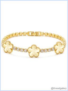 14K Gold Plated Tennis Bracelet for Women, Hypoallergenic CZ Clover Charm
